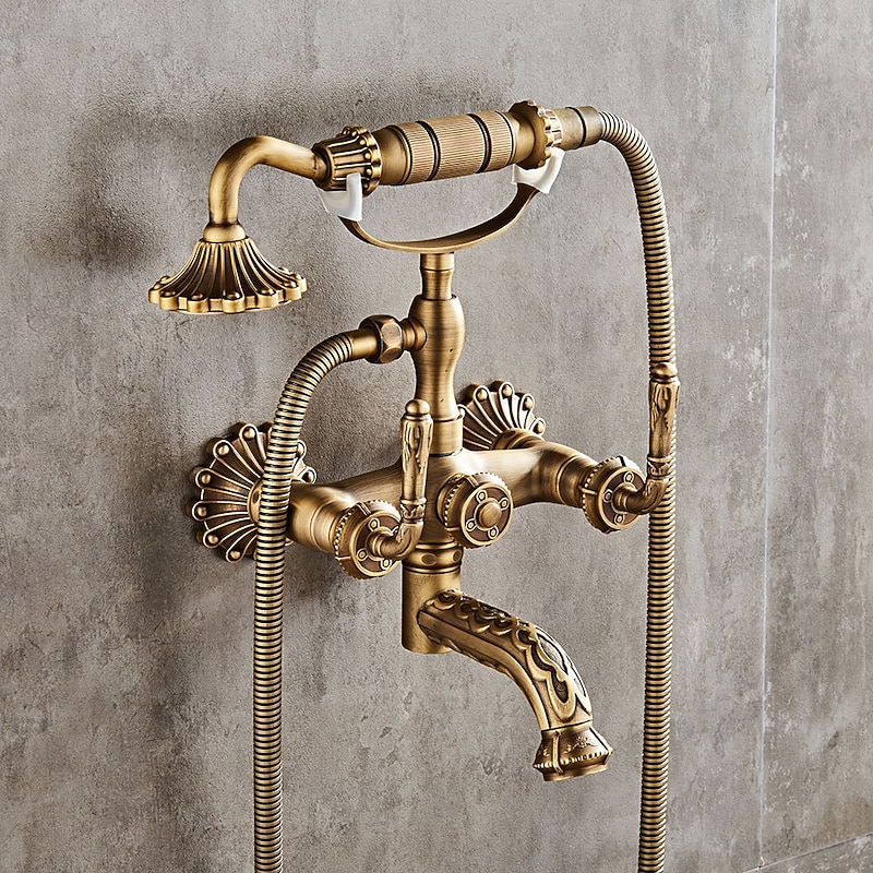 Shower Faucet Set - Handshower Included pullout Vintage Style / Country Antique Brass Mount Outside Ceramic Valve Bath Shower Mixer Taps2