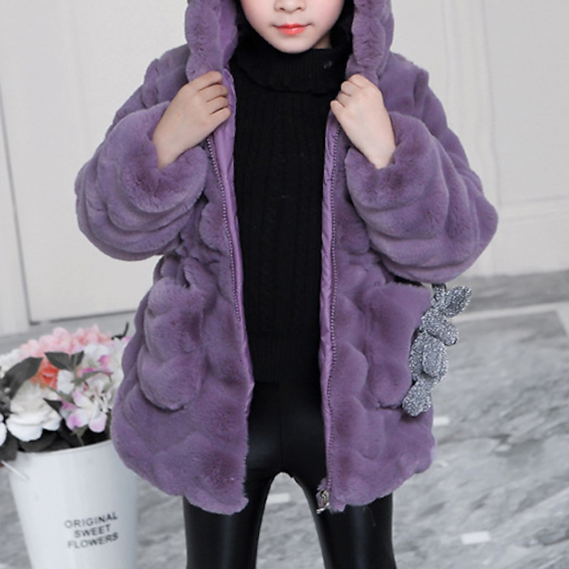 Kids Girls' Faux fur Coat & Jacket Thick Purple Blushing Pink Solid Colored Hooded Fluff Warm Coat2