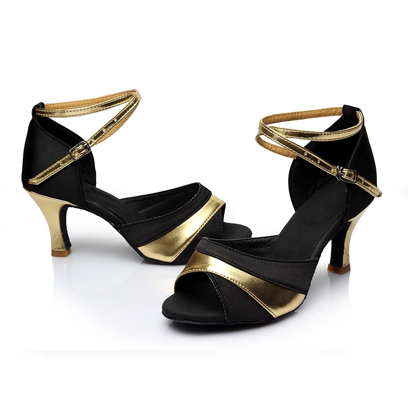 Women's Black and Gold Latin Dance Heels with Ankle Strap and Open Toe, Elegant Performance Shoes for Ballroom and Salsa Practice4