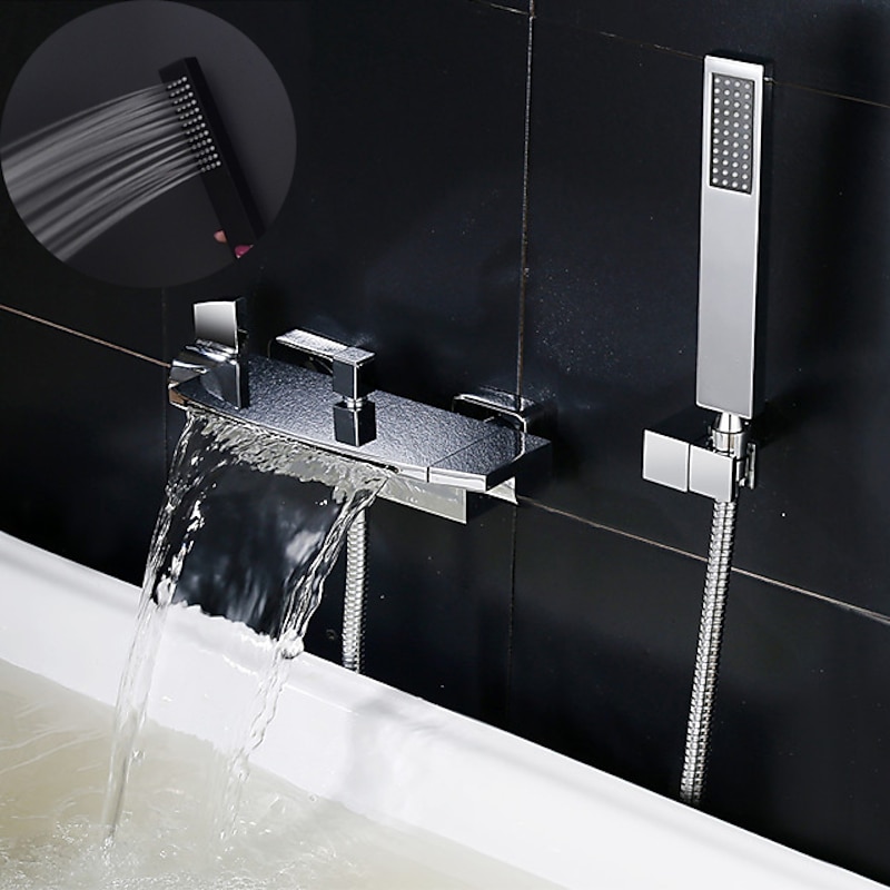 Waterfall Bathtub Faucet Wall Mounted, Widespread Bathroom Shower Mixer Faucet Bath Roman Tub Filler Mixer Tap Brass, 3 Hole Sprayer with Cold Hot Water Hose3