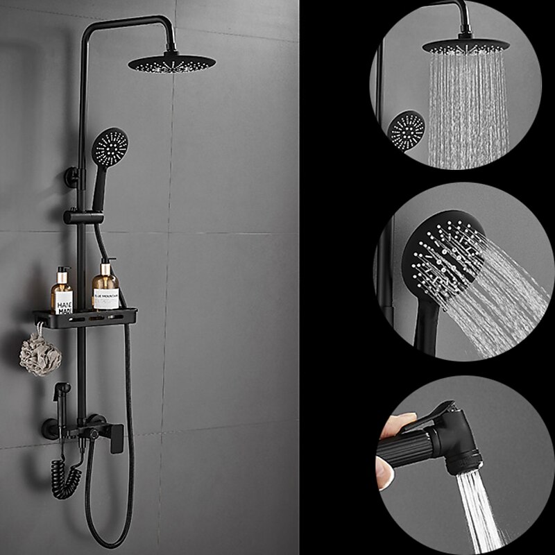 Shower System Faucet Combo Set with 8" Rain Showerhead, Multi-Function Hand Shower, Adjustable Slide Bar and Soap Dish Wall Mounted Ceramic Valve Bath Shower Mixer Taps2