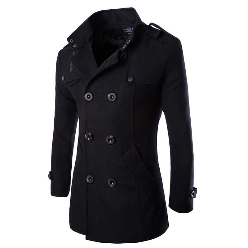 Men's Winter Coat Peacoat Double Breasted Business Casual  Regular Slim Fit Warm Solid Colored Fall Long Sleeve Thick Classic Trench Coat Office Daily Work