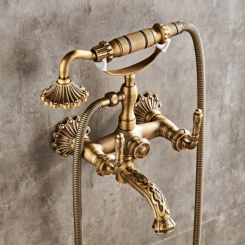 Shower Faucet Set - Handshower Included pullout Vintage Style / Country Antique Brass Mount Outside Ceramic Valve Bath Shower Mixer Taps3