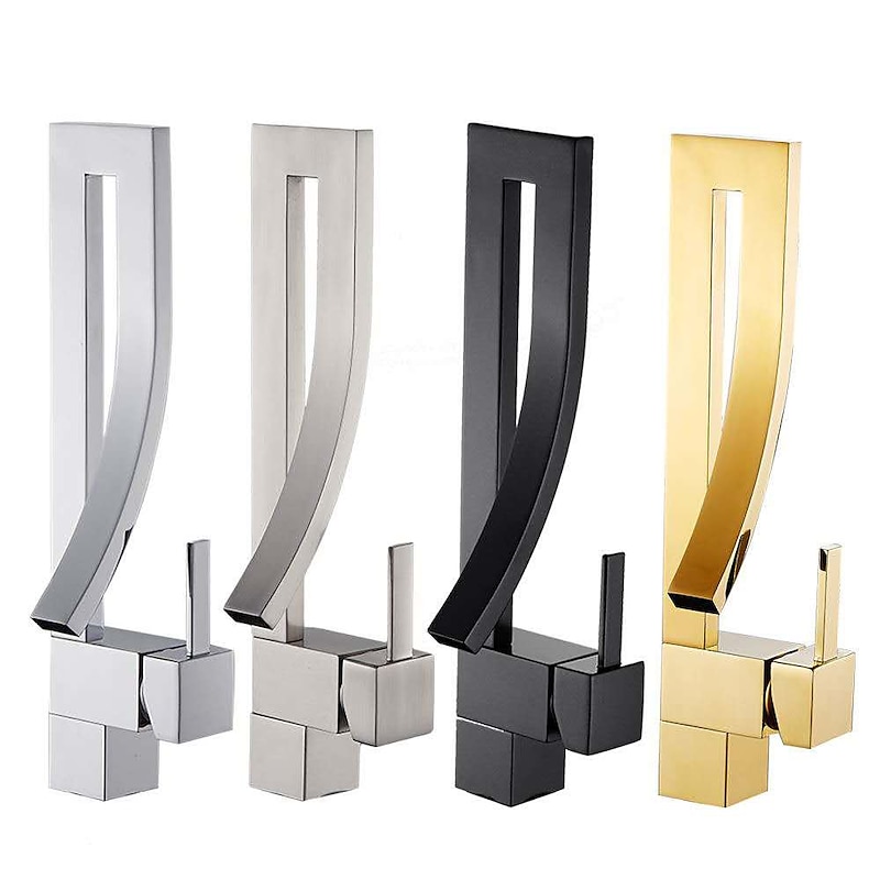 Waterfall Bathroom Sink Mixer Faucet, 360 Rotating Basin Vessel Tap Single Handle Irregular Creative Design Brushed Nickel/Chrome/Matte Black/Golden Sink Tap with Hot and Cold Water Hose2