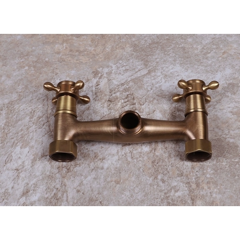 Art Deco Antique Brass Sprinkle Sink Faucets,  Wall Mount Two Handles Two Holes Kitchen Faucet with Hot and Cold Water Switch2