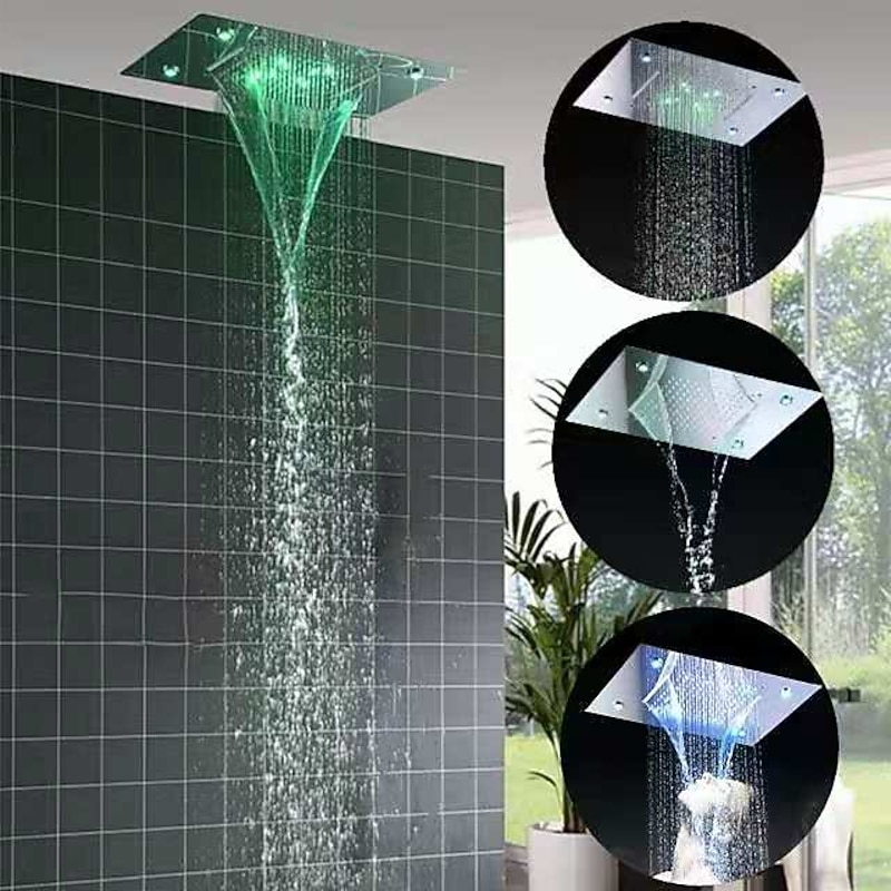 500*360 Chrome/3- Color LED Bathroom Faucets Rain Mixer Complete with Stainless Steel Rainfall Shower Head Ceiling Mounted Color Change By Water Temperature, Hydor Power, No Battery Needed