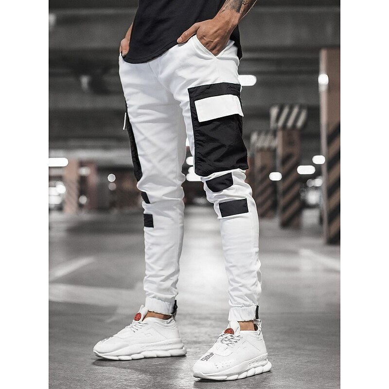 Men's Cargo Pants Cargo Trousers Trousers Patchwork Drawstring Elastic Waist Color Block Sports Outdoor Daily Wear Streetwear Sporty Slim Black Red2
