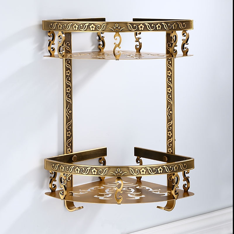 Bathroom Shelf Multilayer Carved Antique Aluminum Wall Mounted Bath Corner Basket with Hooks 1pc2