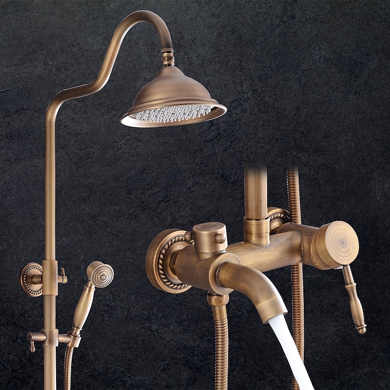 Shower Faucet,Shower System Set - Handshower Included pullout Waterfall Vintage Style / Country Antique Brass Mount Outside Ceramic Valve Bath Shower Mixer Taps4