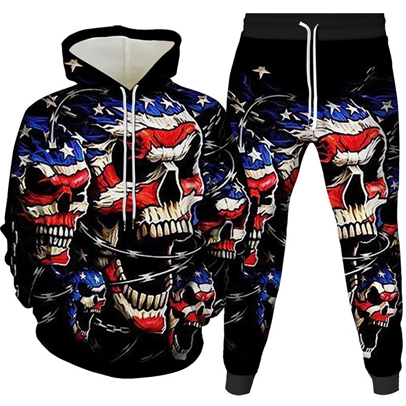 Men's 3D Hoodies Set Red Hooded Graphic 3D 2 Piece Daily 3D Print Casual Clothing Apparel Hoodies Sweatshirts Long Sleeve American Flag Fall4