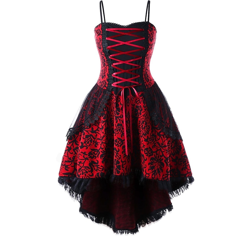 Punk & Gothic Medieval Cocktail Dress Short / Mini Dress Masquerade Prom Dress Lady Outlander Plus Size Lace Flower Fancy Dress Women's Halloween Carnival Masquerade Party Halloween Adults' Dress