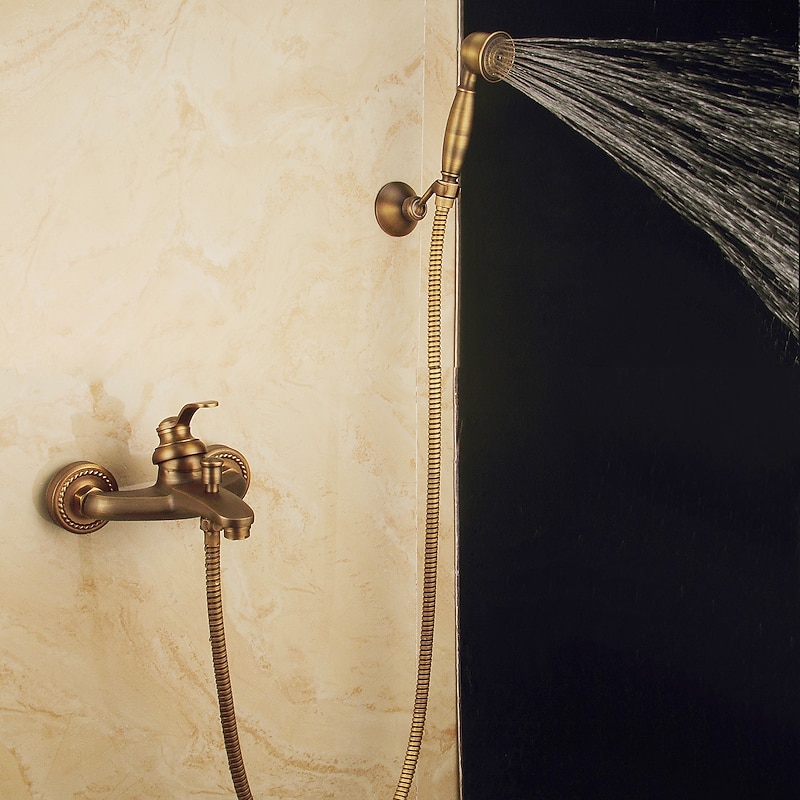 Shower Faucet Set,Mount Outside Antique Brass/Brass/Yellow Dual-Head Pullout Vintage Style, Brass Shower Faucet with Rain Shower/Handshower/Bodysprays/Drain with Hot and Cold Water3