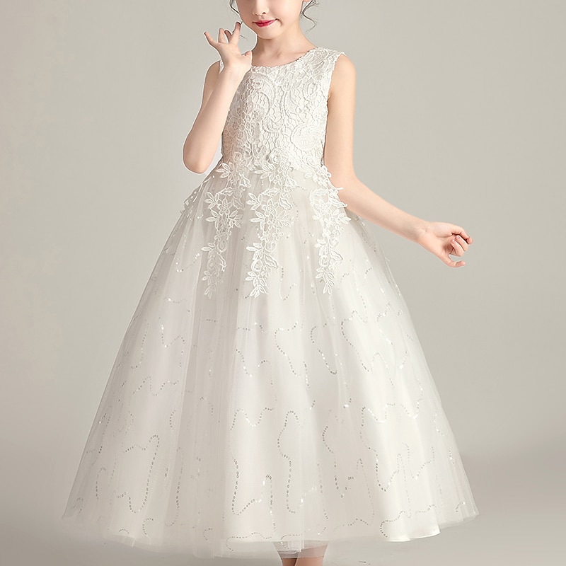 Kids Girls' Dress Floral Sleeveless Lace Mesh Active Cute Polyester Maxi Beige White Pink