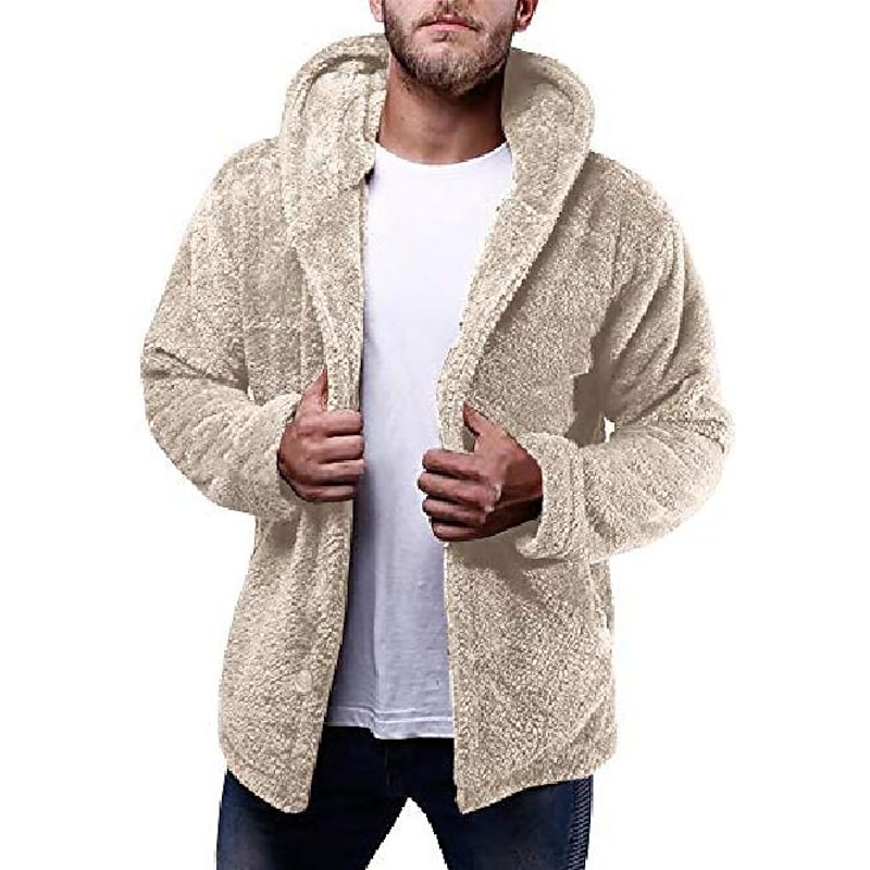 Men's Winter Coat Fleece Jacket Teddy Coat Casual Daily Warm Hooded Fall Winter Solid Color Apricot Black Navy Blue Green Coffee Jacket