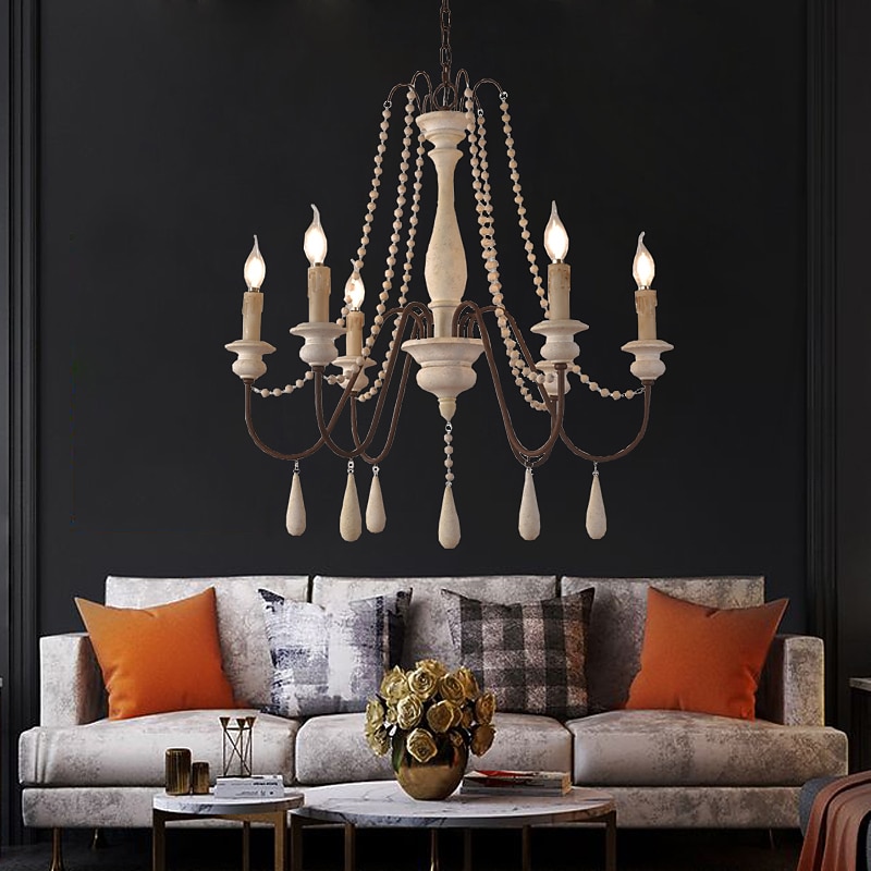 6-Light 6 Lights Vintage Candle Chandelier/ Wood Pendant Light Coffee Bar Rustic Lamp for Living Room Dinning Room Resturant Lights/ E12/E14 without Bulb
