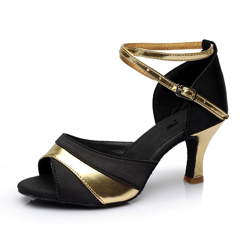 Women's Black and Gold Latin Dance Heels with Ankle Strap and Open Toe, Elegant Performance Shoes for Ballroom and Salsa Practice2