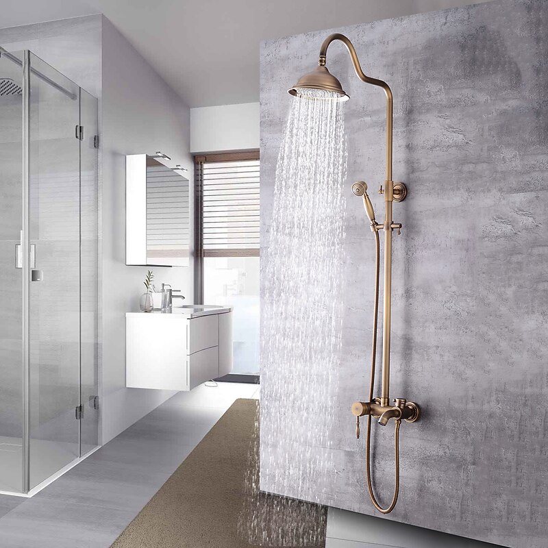 Shower Faucet,Shower System Set - Handshower Included pullout Waterfall Vintage Style / Country Antique Brass Mount Outside Ceramic Valve Bath Shower Mixer Taps2