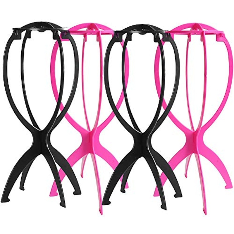 4 Pack Wig Stands for Multiple Wigs, 14inch Portable Collapsible Durable Wig Holder Wig Dryer and Wig Display Tool for Women (2 Black And 2 Pink)2