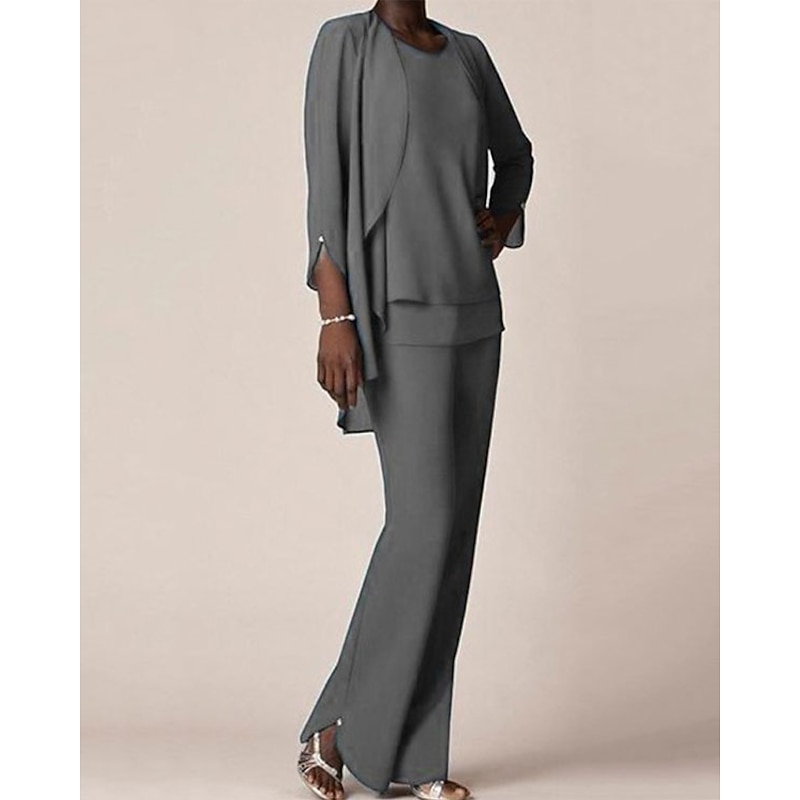 3 piece Pantsuit Mother of the Bride Wedding Guest Elegant V Neck Floor Length Chiffon 3/4 Length Sleeve with Ruffles