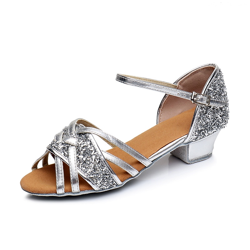 Women's Girls' Silver Glitter Dance Shoes | Low Heel Open-Toe Ballroom Shoes for Children with Ankle Strap - Perfect for Performances and Parties2