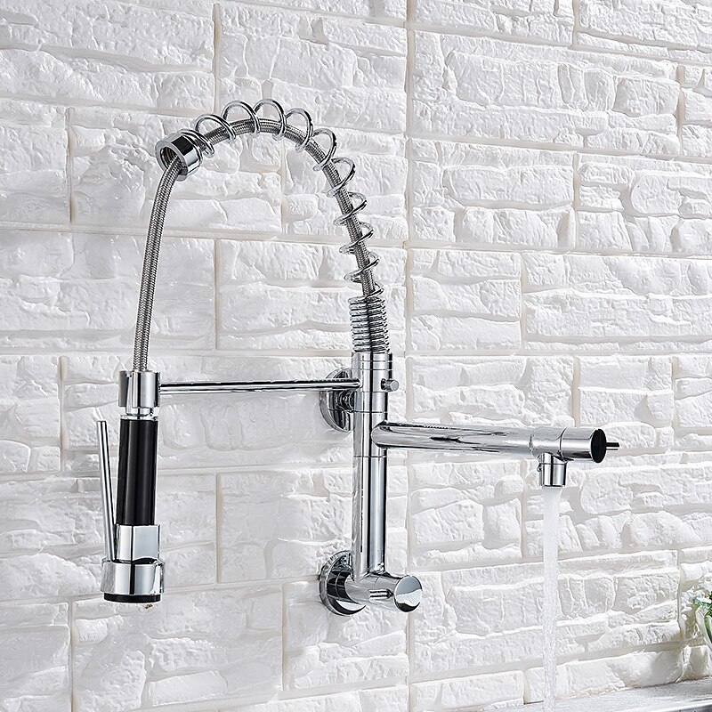 Kitchen Faucet Sink Pull Out Only Cold Water, 360 Swivel Spout Wall Mounted Brass Pull Down Kitchen Vessel Taps Chrome3