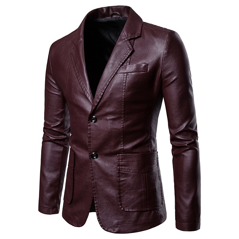 Men's Jacket Faux Leather Jacket Blazer Wedding Wedding Party Windproof Warm Business WorkWear Wine Red Black Navy Blue khaki Jacket3
