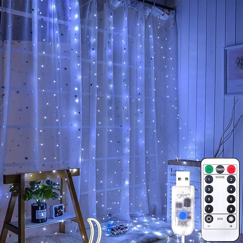 Window Curtain String Lights 300LEDs Twinkle Star 3m x 3m Hanging Fairy Lights Wedding Decoration 8 Lighting Modes for Bedroom Wedding Party Home Garden Wall Decorations USB Powered with IR Remote2