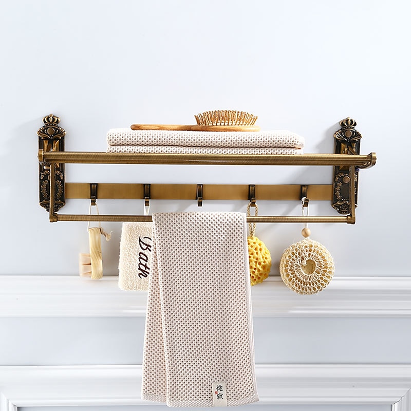 Multifunction Carved Towel Bar Antique Aluminum Bathroom Shelf with 5 Hooks Wall Mounted 1pc2