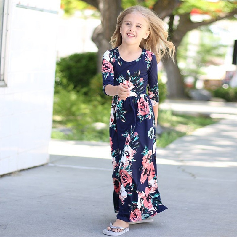 Kids Girls' Dress Floral Long Sleeve Daily Beach Ruched Boho Beautiful Polyester A Line Dress Spring Fall 3-12 Years Light Blue Pink Black3