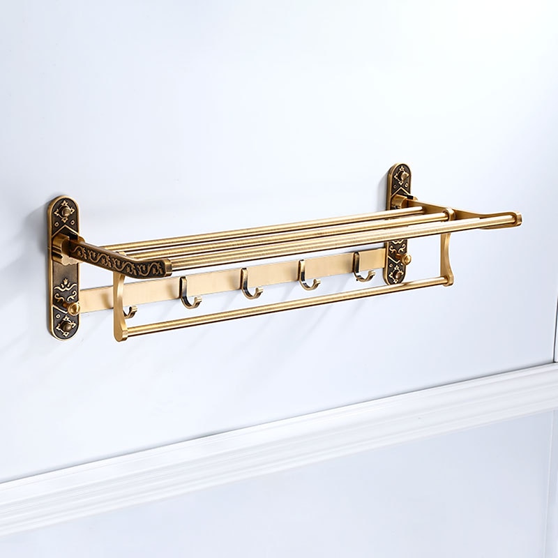 Multilayer Towel Bar with 7 Hooks Foldable Antique Carved Aluminum for Bathroom Wall Mounted 1pc2