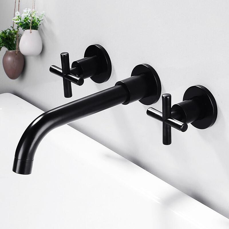 Modern Utility Sink Laundry Chrome Gold Black Faucet with Rotatable Spout, Wall Mount Two Handles Three Holes Wash Basin Tap with Hot and Cold Water Switch, Laundry Tub Pot Filler Commercial Faucet3