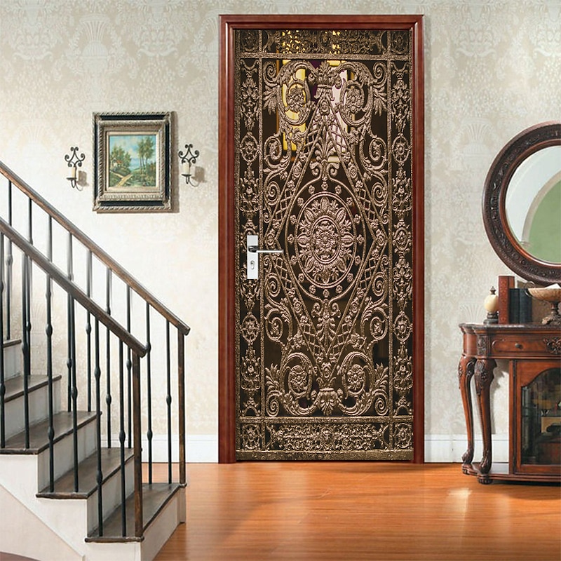 Golden Wrought Iron Door Self-adhesive Creative Door Stickers DIY Decorative Home Waterproof Wall Stickers  77*200cm For Bedroom Living Room