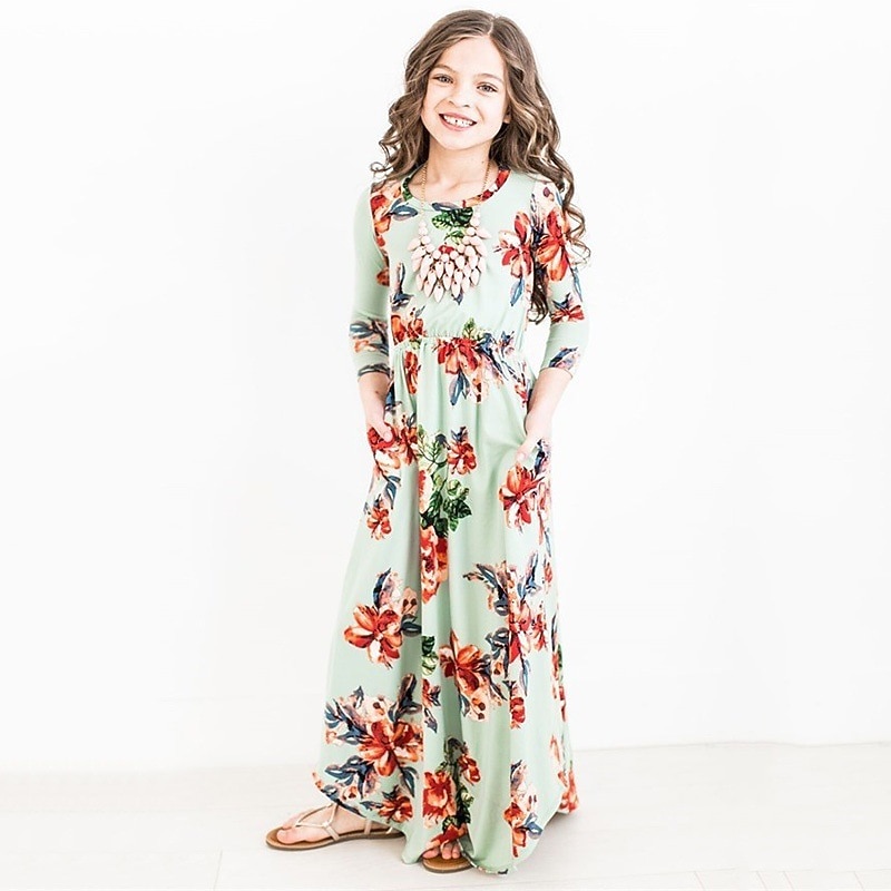 Kids Girls' Dress Floral Long Sleeve Daily Beach Ruched Boho Beautiful Polyester A Line Dress Spring Fall 3-12 Years Light Blue Pink Black