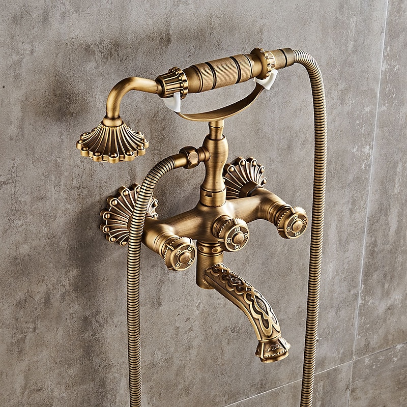 Vintage Shower System Faucet Set Wall Mounted, 360 Swivel Antique Brass Bathroom Shower Head Facuet Kit with Handheld Shower Head Sprayer Ceramic Valve Bath Mixer Tap