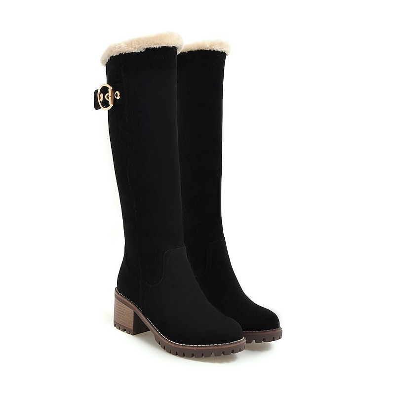 Women's Black Suede Knee-High Boots with Fur-Lined Interior, Buckle Accent, and Block Heel for Winter Fashion and Cold Weather Comfort