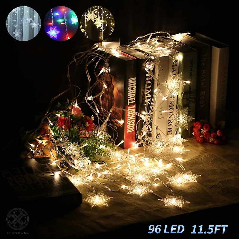 3.5m 96 LED Snowflake Star Curtain Lights 8 Flash Modes, Waterproof Fairy Garland Christmas Lights for Window & Outdoor Holiday Décor3