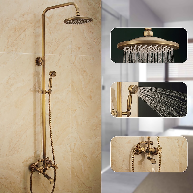Shower Faucet,Shower System Set Handshower Included pullout Waterfall Vintage Style / Country Antique Brass Mount Outside Ceramic Valve Bath Shower Mixer Taps