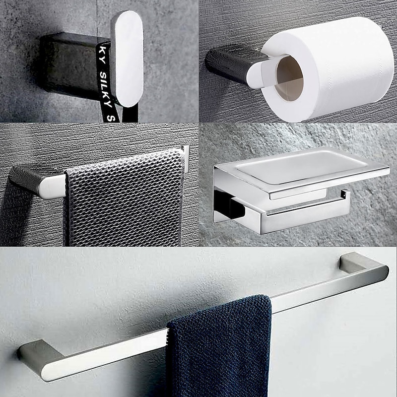 Bathroom Accessory Stainless Steel Robe Hook, Towel Bar, Towel Holder, Toilet Paper Holder with Shelf for Mobile Phone Storage Mirror Polished Silvery