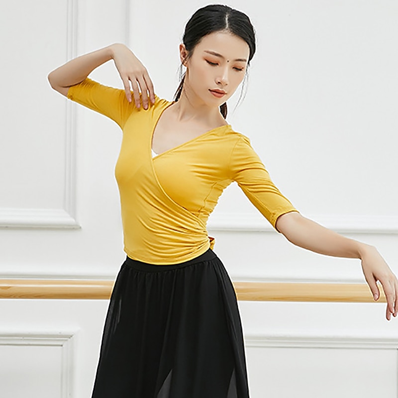 Breathable Ballet Top Ruching Bandage Solid Women's Training Performance Half Sleeve Modal2