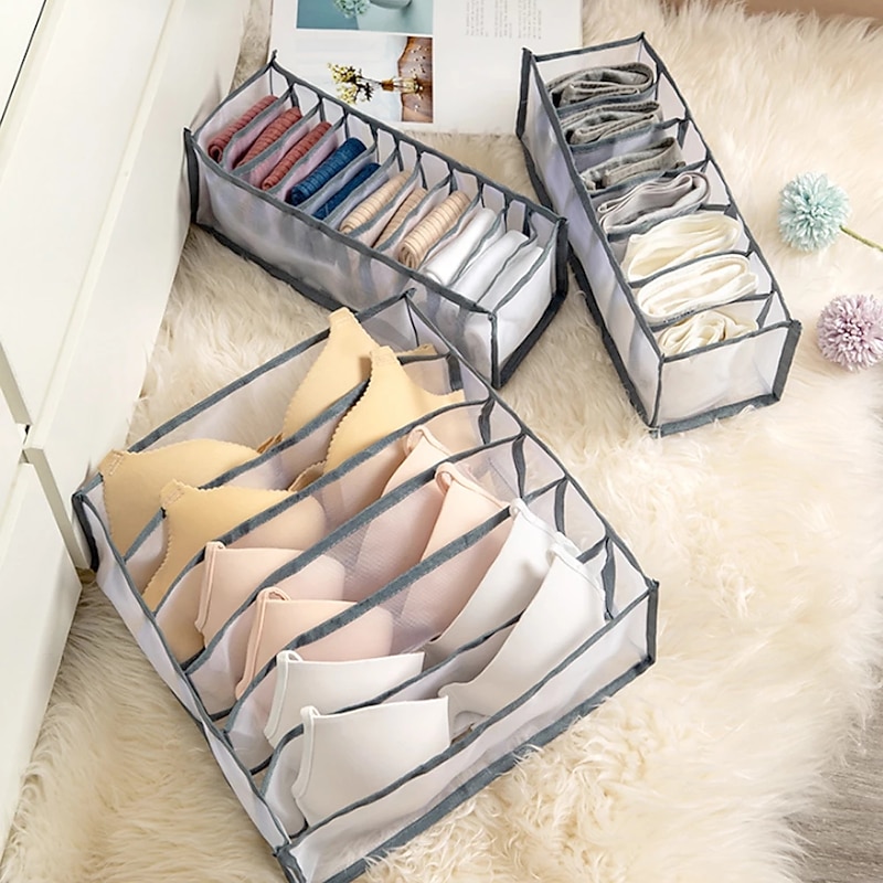 3PCS/Set Foldable Storage Box Socks Magic Mesh Transparent Plaid Fabric Artist Home Bra Underwear Finishing Box