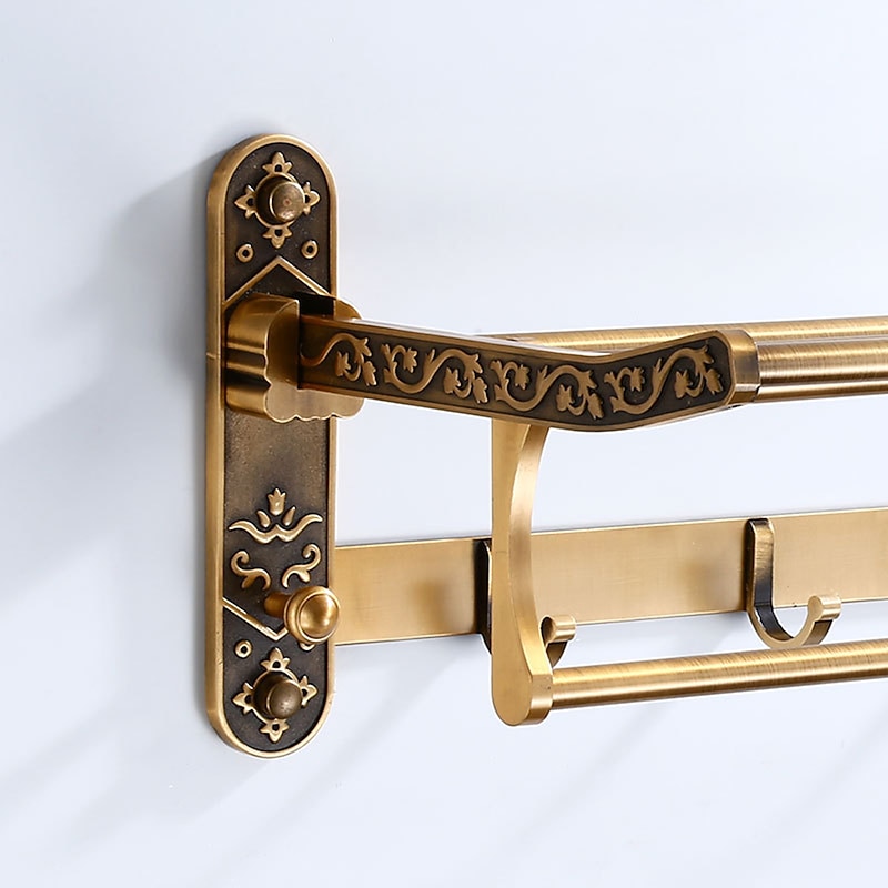 Multilayer Towel Bar with 7 Hooks Foldable Antique Carved Aluminum for Bathroom Wall Mounted 1pc3