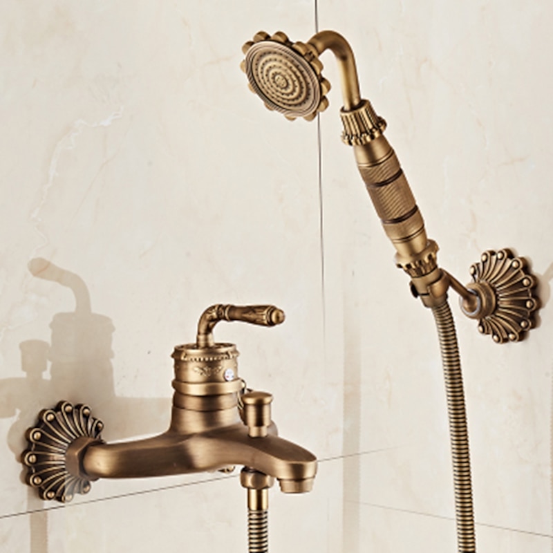 Bathtub Faucet - Retro Antique Brass Wall Installation Ceramic Valve Bath Shower Mixer Taps / Country / Single Handle / Yes / Rain Shower / Handshower Included2