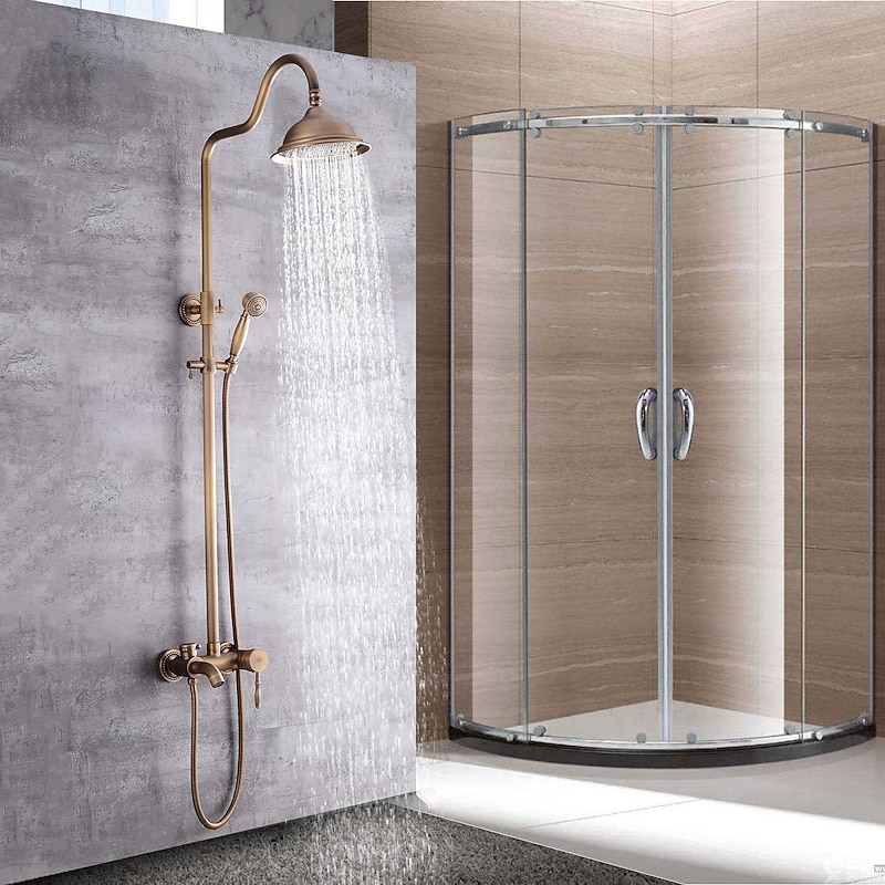 Shower Faucet,Shower System Set - Handshower Included pullout Waterfall Vintage Style / Country Antique Brass Mount Outside Ceramic Valve Bath Shower Mixer Taps