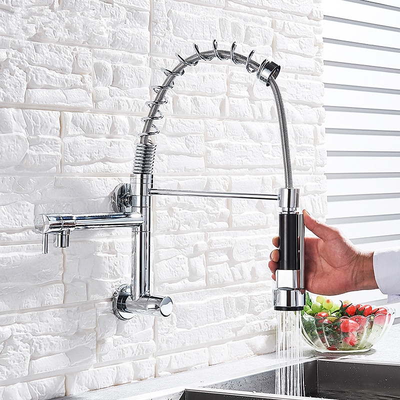 Kitchen Faucet Sink Pull Out Only Cold Water, 360 Swivel Spout Wall Mounted Brass Pull Down Kitchen Vessel Taps Chrome