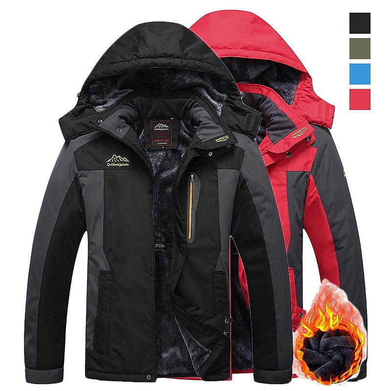 Men's Hiking Jacket Ski Jacket Hiking Windbreaker Fleece Winter Outdoor Windproof Breathable Hoodie Winter Jacket Top Single Slider Hunting Fishing Climbing Army Green Black Red Blue