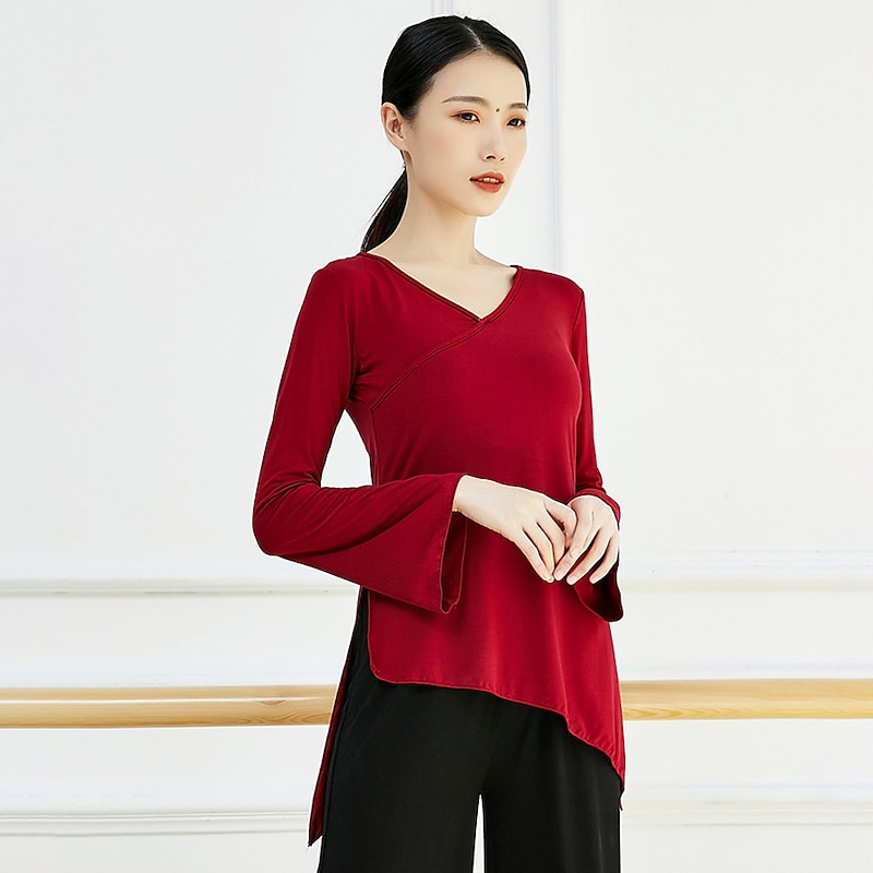 Breathable Ballet Top Split Ruching Solid Women's Training Performance Long Sleeve Modal3