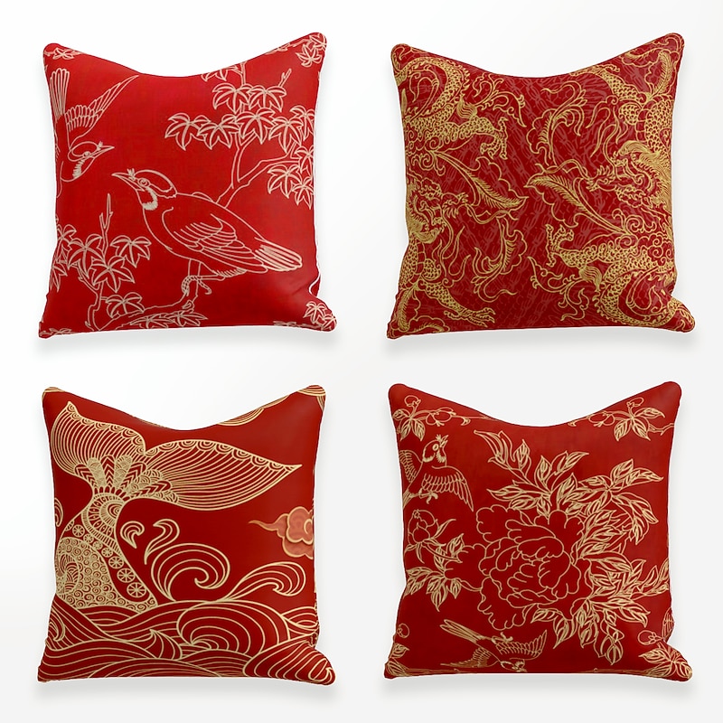 Chinese Style Red Gold Cushion Cover 4PCS Soft Square Throw Pillow Cover Faux Linen Cushion Case Pillowcase for Sofa Bedroom 45 x 45 cm (18 x 18 Inch) Superior Quality Mashine Washable