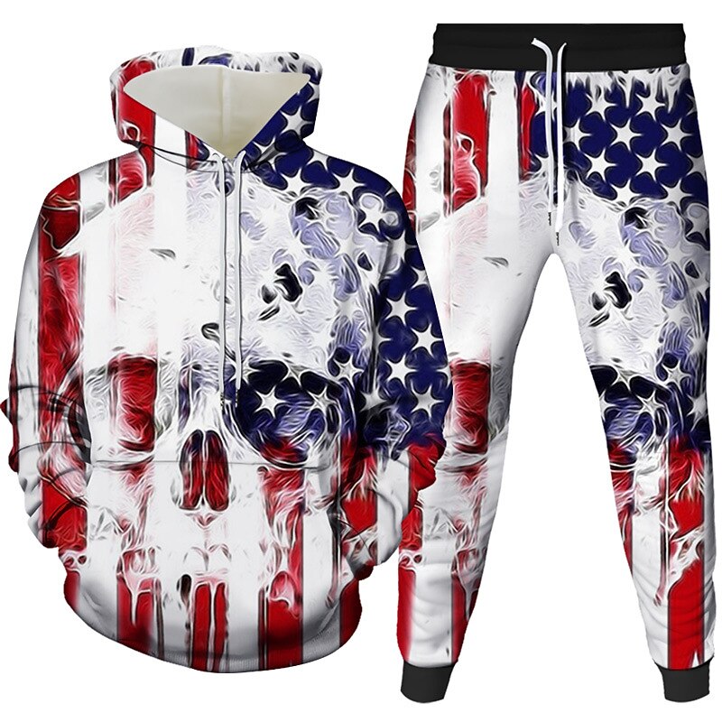 Men's 3D Hoodies Set Red Hooded Graphic 3D 2 Piece Daily 3D Print Casual Clothing Apparel Hoodies Sweatshirts Long Sleeve American Flag Fall3
