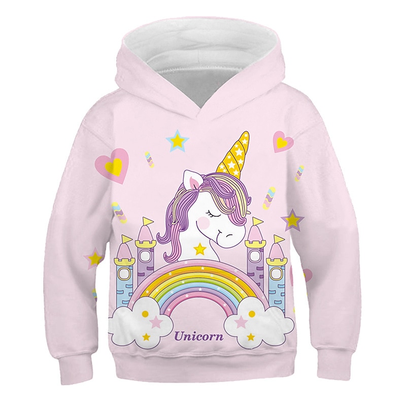 Kids Girls' Unicorn Pink Hoodie & Sweatshirt 3D Print Tops Long Sleeve Rainbow Heart Sporty Blushing Pink Children Tops Active Cute