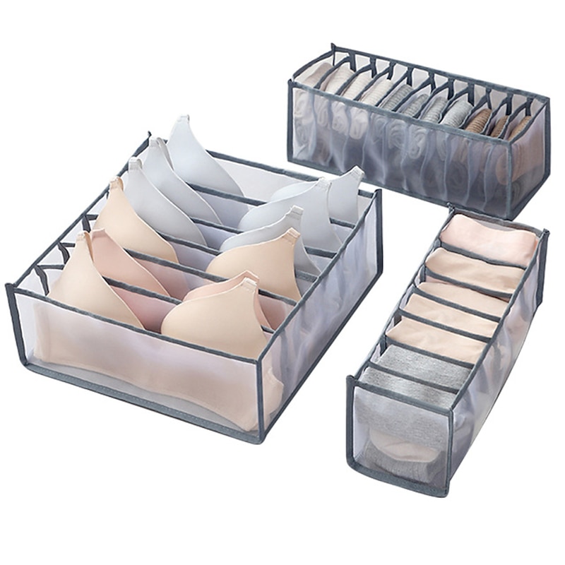 3PCS/Set Foldable Storage Box Socks Magic Mesh Transparent Plaid Fabric Artist Home Bra Underwear Finishing Box2